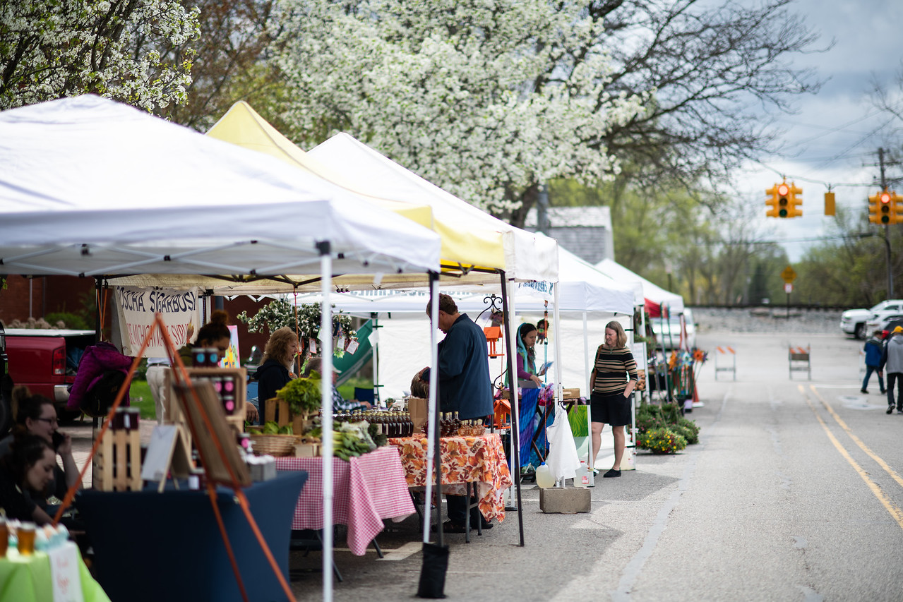 Outdoor farmers market with vendors and customers under tents.